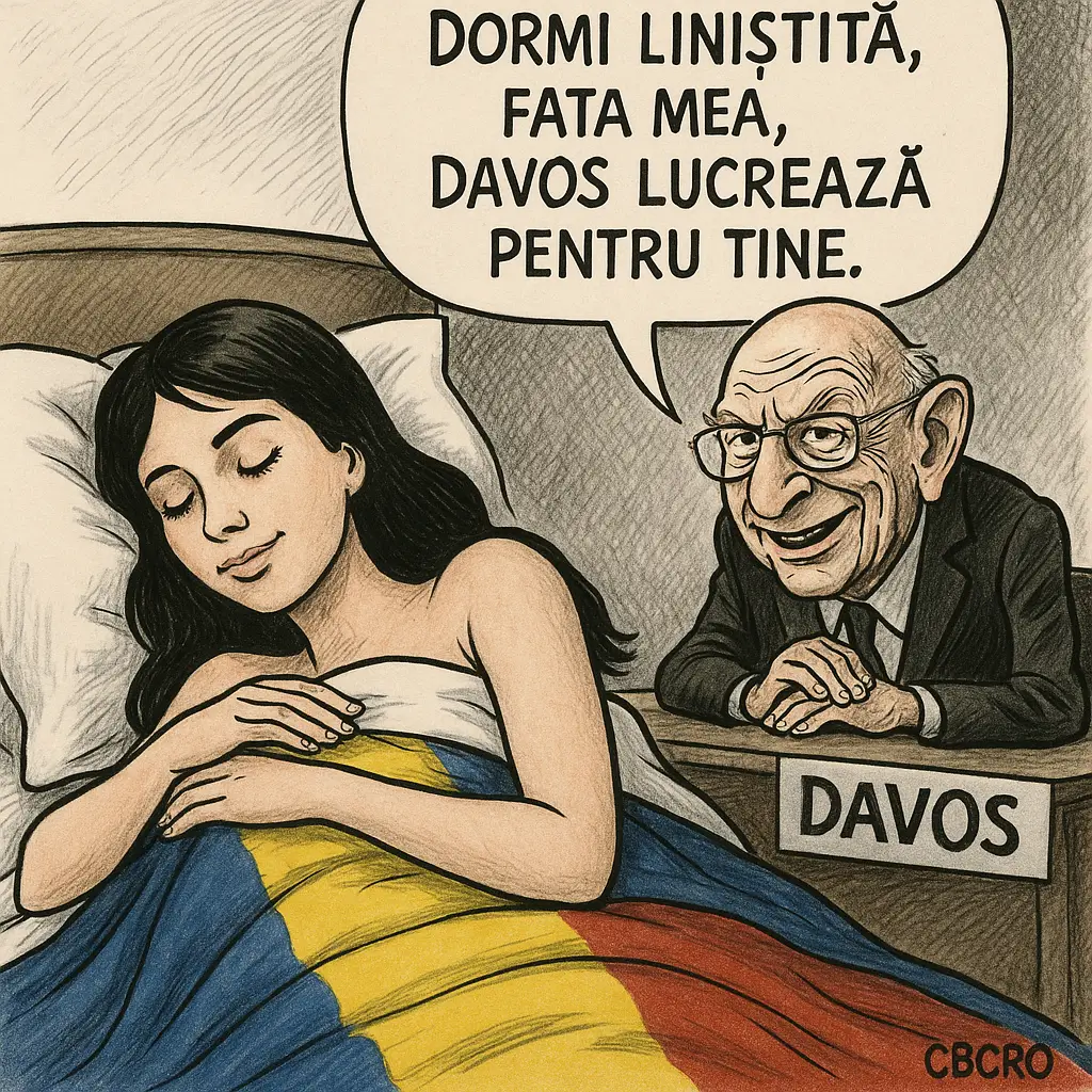 Caricatură politică CBCRO: o tânără învelită în tricolorul românesc doarme, în timp ce un bătrân cu ecuson „Davos” o privește și spune ironic „Dormi liniștită, fata mea, Davos lucrează pentru tine”. Imagine simbolizează controlul globalist și pasivitatea societății.