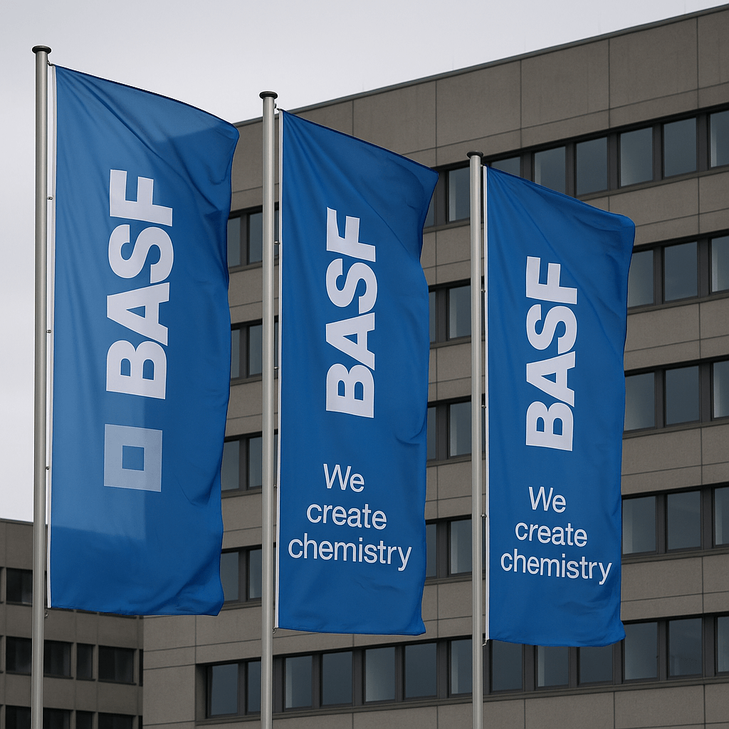 Trei steaguri albastre BASF flutură în fața sediului companiei din Germania, simbol al industriei chimice germane.