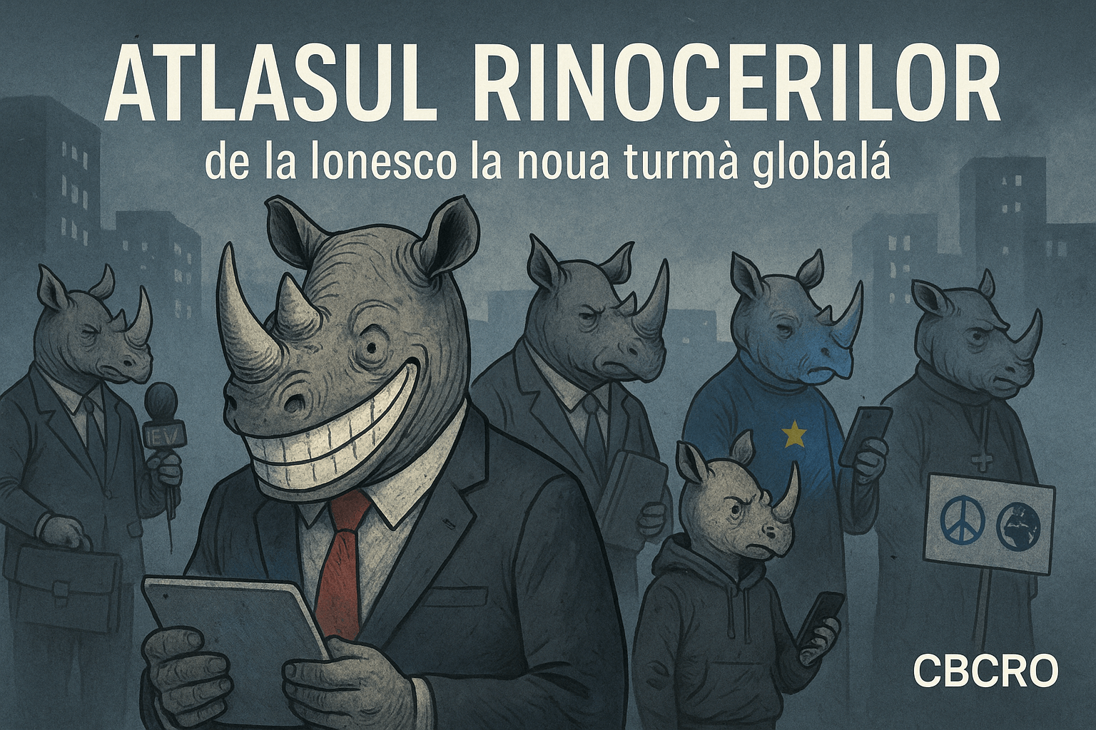 Imagine satirică cu rinoceri umanizați reprezentând tipologiile moderne ale conformismului – jurnalistul, politicianul, corporatistul, artistul de grant și clericul, inspirată de piesa „Rinocerii” a lui Eugène Ionesco. Editorial CBCRO – Atlasul Rinocerilor.