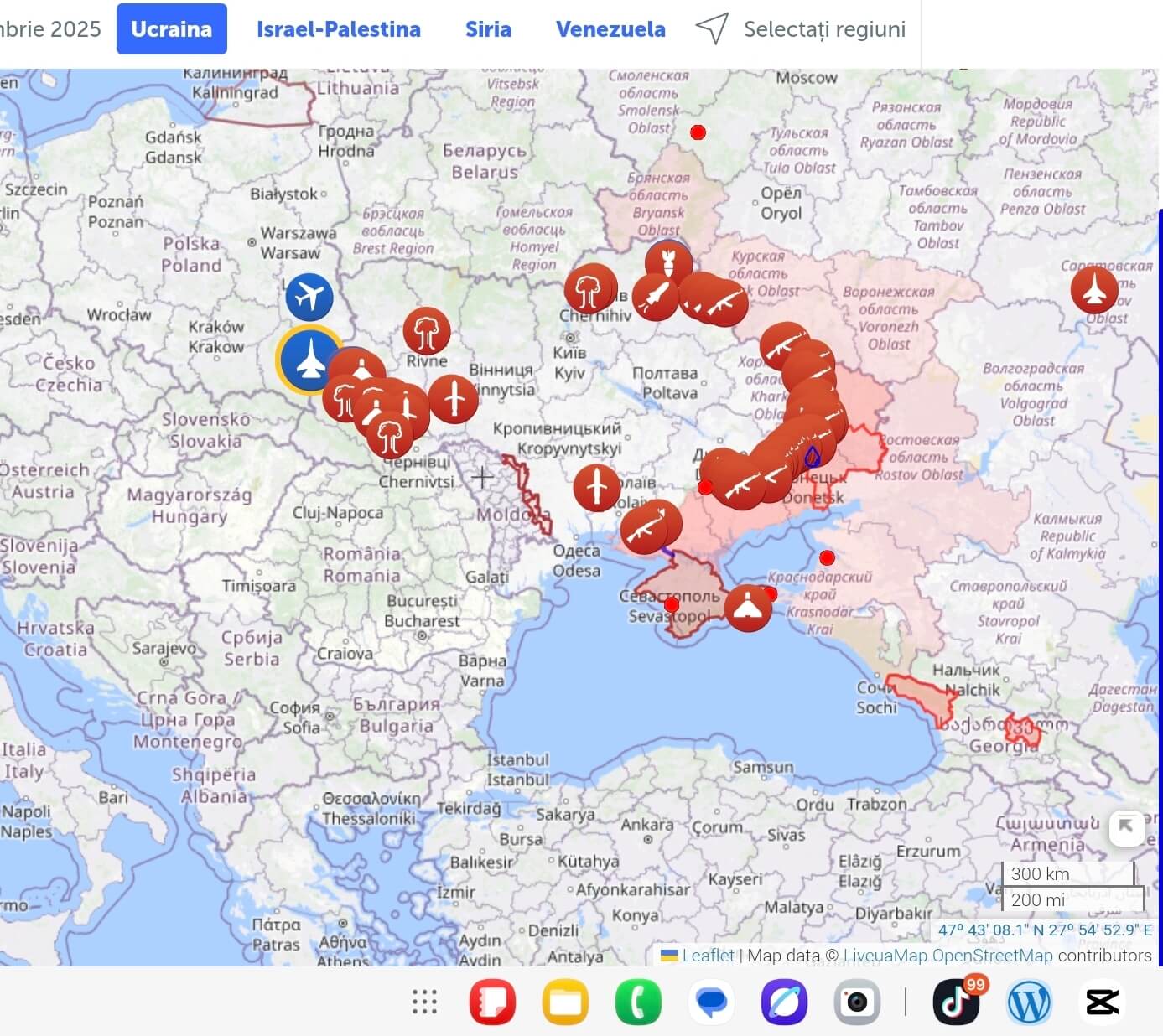 Harta Liveuamap arată atacurile aeriene și cu drone ale Federației Ruse asupra Ucrainei, 5 octombrie 2025, cu impact major în regiunea Lviv și zonele de frontieră.