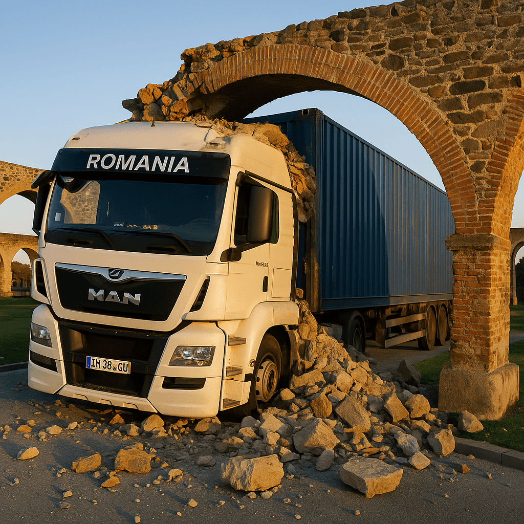 Camion românesc implicat într-un accident la Algeciras, Spania, după ce a lovit arcul istoric El Cobre al acvaductului din secolul XVIII.