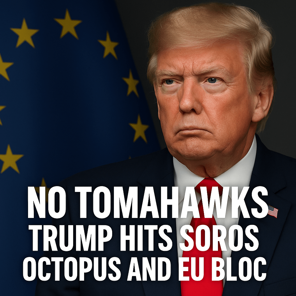 Donald Trump în fața steagului american, simbolizând refuzul SUA de a continua finanțarea războiului din Ucraina și ruptura față de rețeaua Soros–UE.