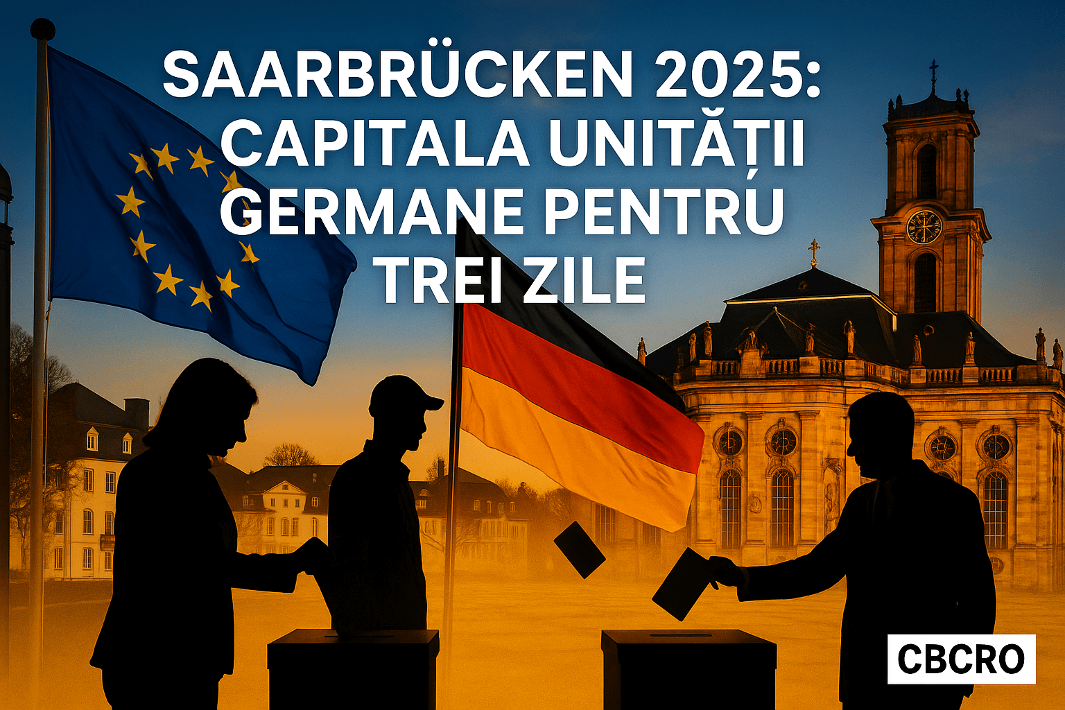 Afiș editorial CBCRO dedicat evenimentului Saarbrücken 2025, când orașul devine capitala Unității Germane. Imagine cu drapelul Germaniei și al Uniunii Europene, siluete de participanți și catedrala Ludwigskirche pe fundal.