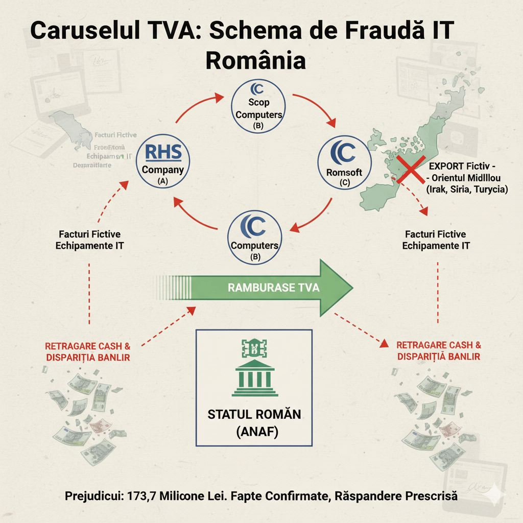 Diagramă CBCRO care explică frauda IT din România: schema caruselului TVA cu RHS Company, Scop Computers și Romsoft, exporturi fictive și retrageri cash din TVA rambursat.