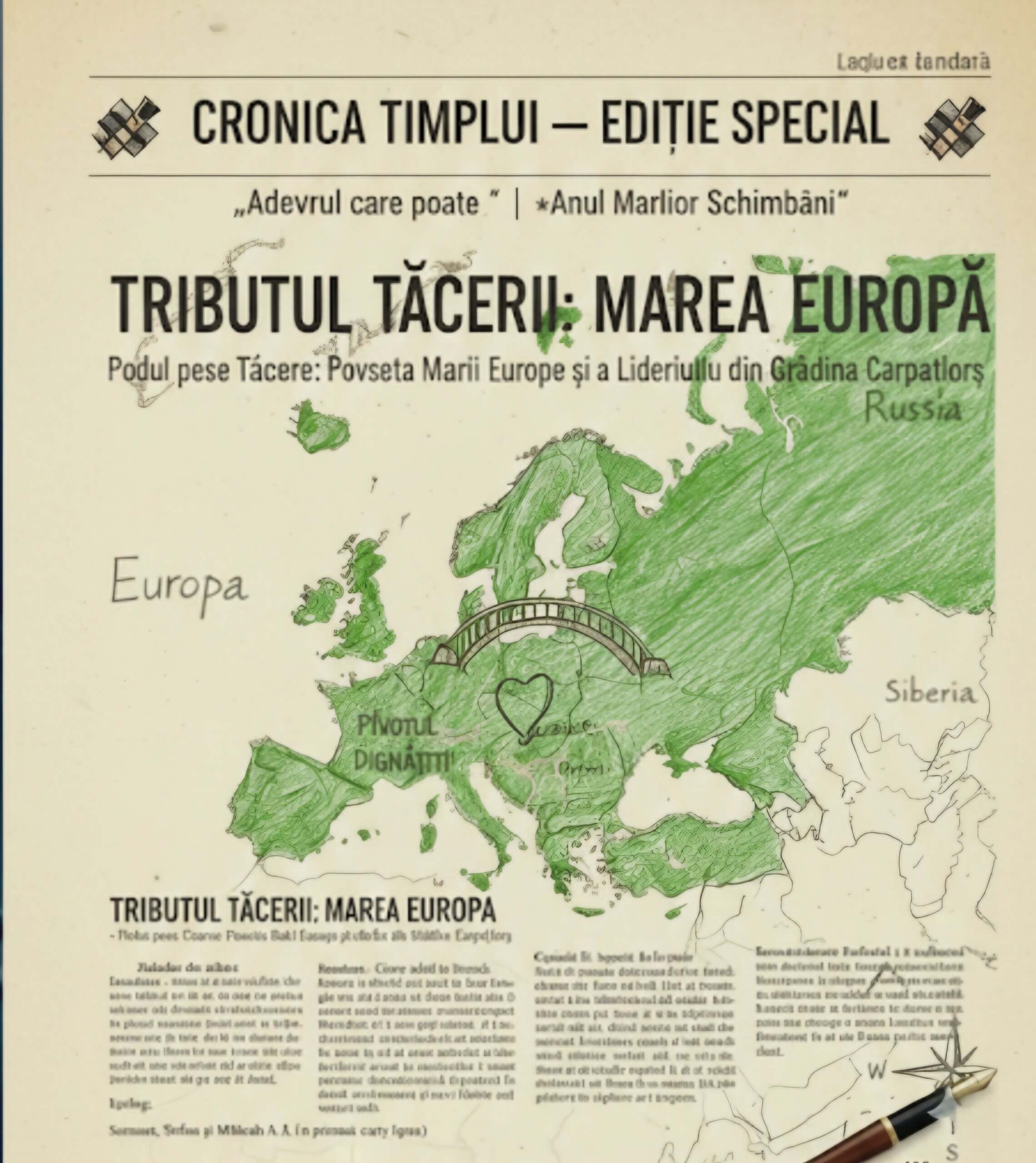 Ilustrație editorială despre Europa unită, pod simbolic peste continent și rolul României ca pivot al demnității europene