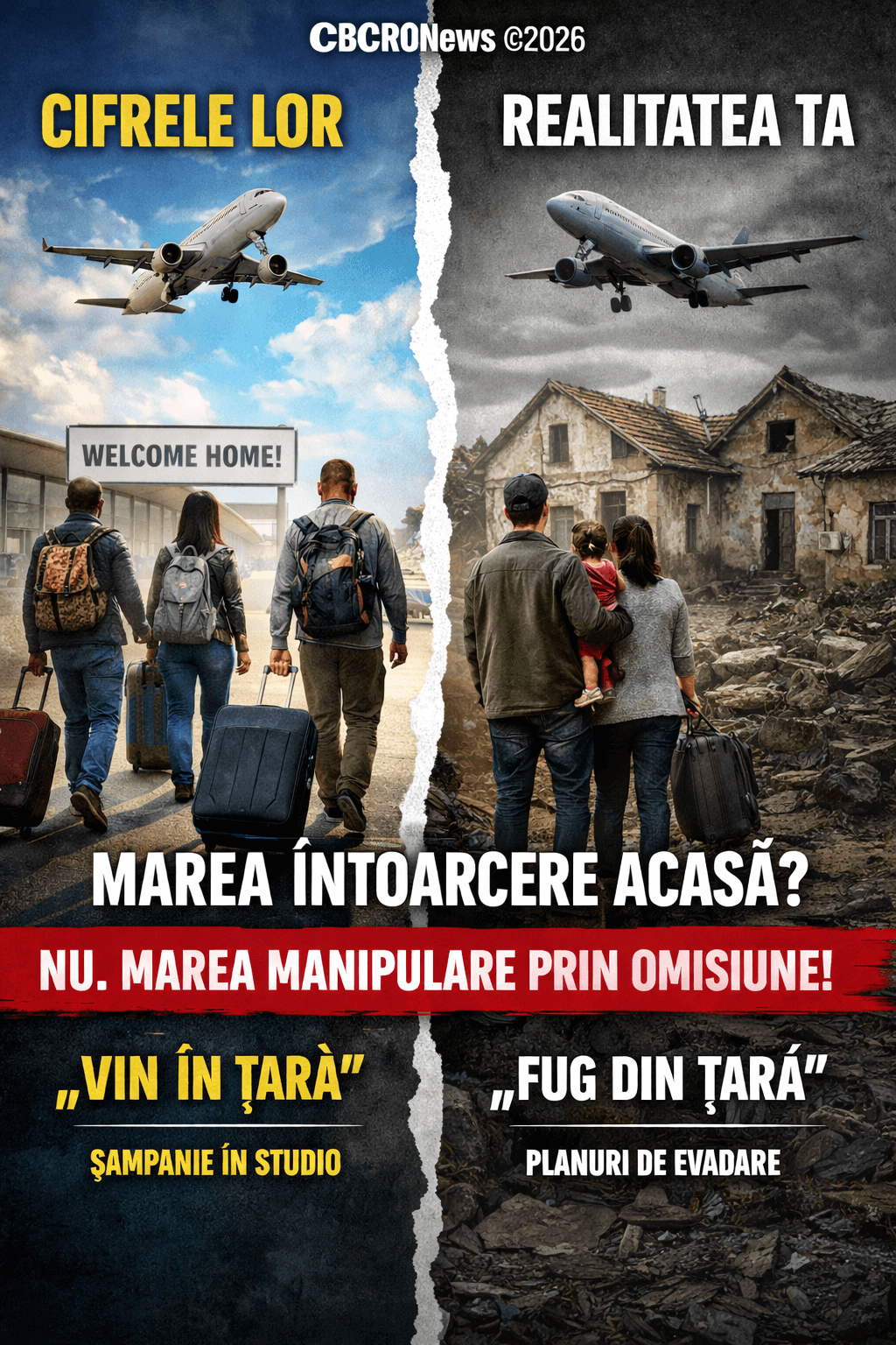 Imagine comparativă despre migrația românilor: pe stânga, români prezentați ca revenind în țară conform cifrelor oficiale; pe dreapta, realitatea socială a plecărilor continue și a satelor degradate din România.