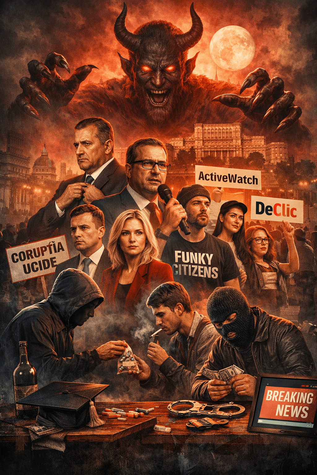 ONG-uri și politicienii din România într-o imagine simbolică despre degradarea societății, influența ONG-urilor și presiunea politică asupra statului