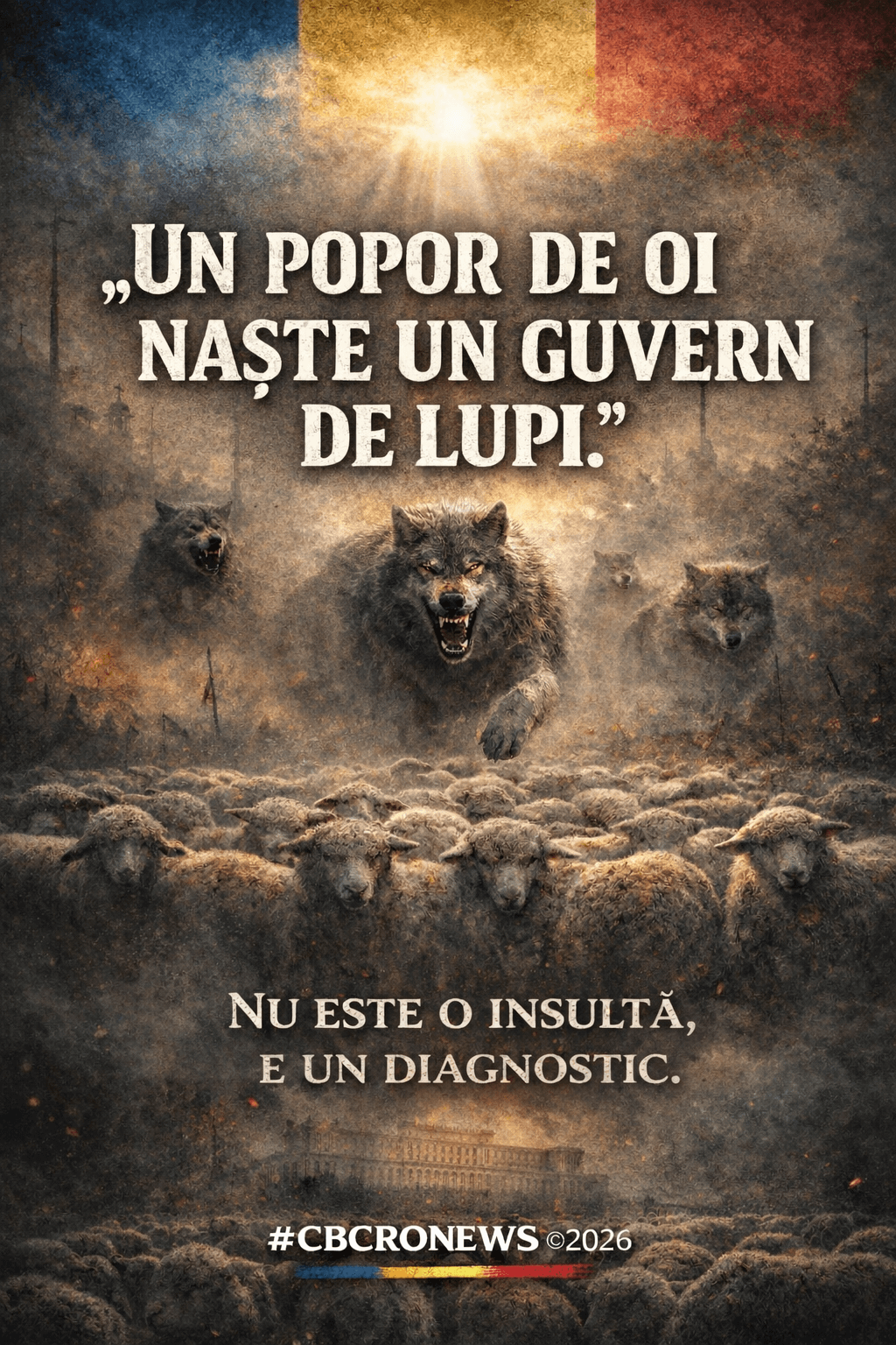 Ilustrație simbolică: lupi atacând o turmă de oi, metaforă pentru pasivitatea civică și guvernele abuzive din România 1997–2026