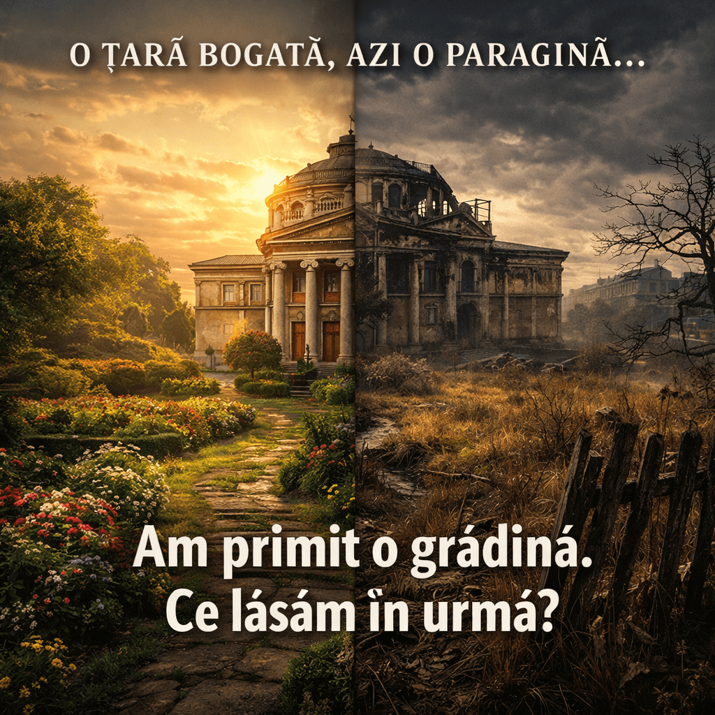 Imagine simbolică cinematică: o țară prosperă ca o grădină transformată într-o paragină, metaforă pentru declin industrial și moral al României