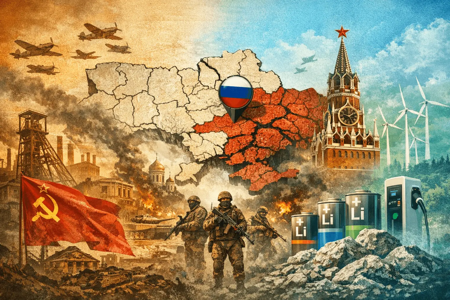 Hartă stilizată Donbas cu simboluri industriale sovietice, soldați, baterii cu litiu și elemente geopolitice care ilustrează miza resurselor și evoluția conflictului