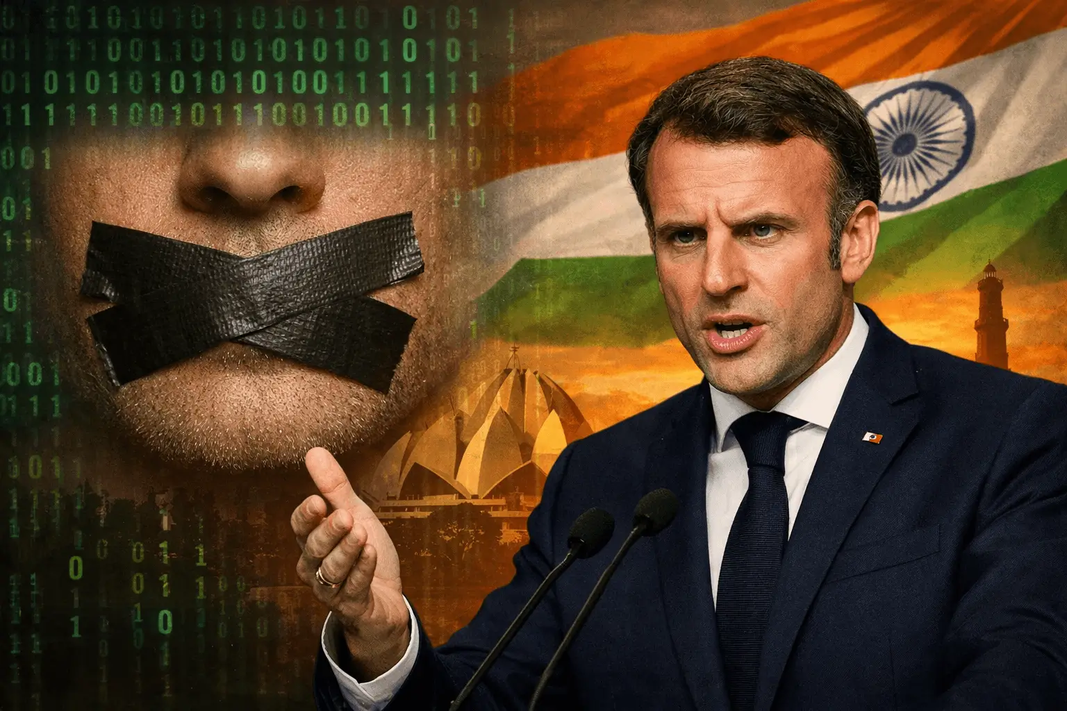 Emmanuel Macron vorbind la New Delhi, ilustrație simbolică despre libertatea de exprimare, algoritmi digitali și cenzură online