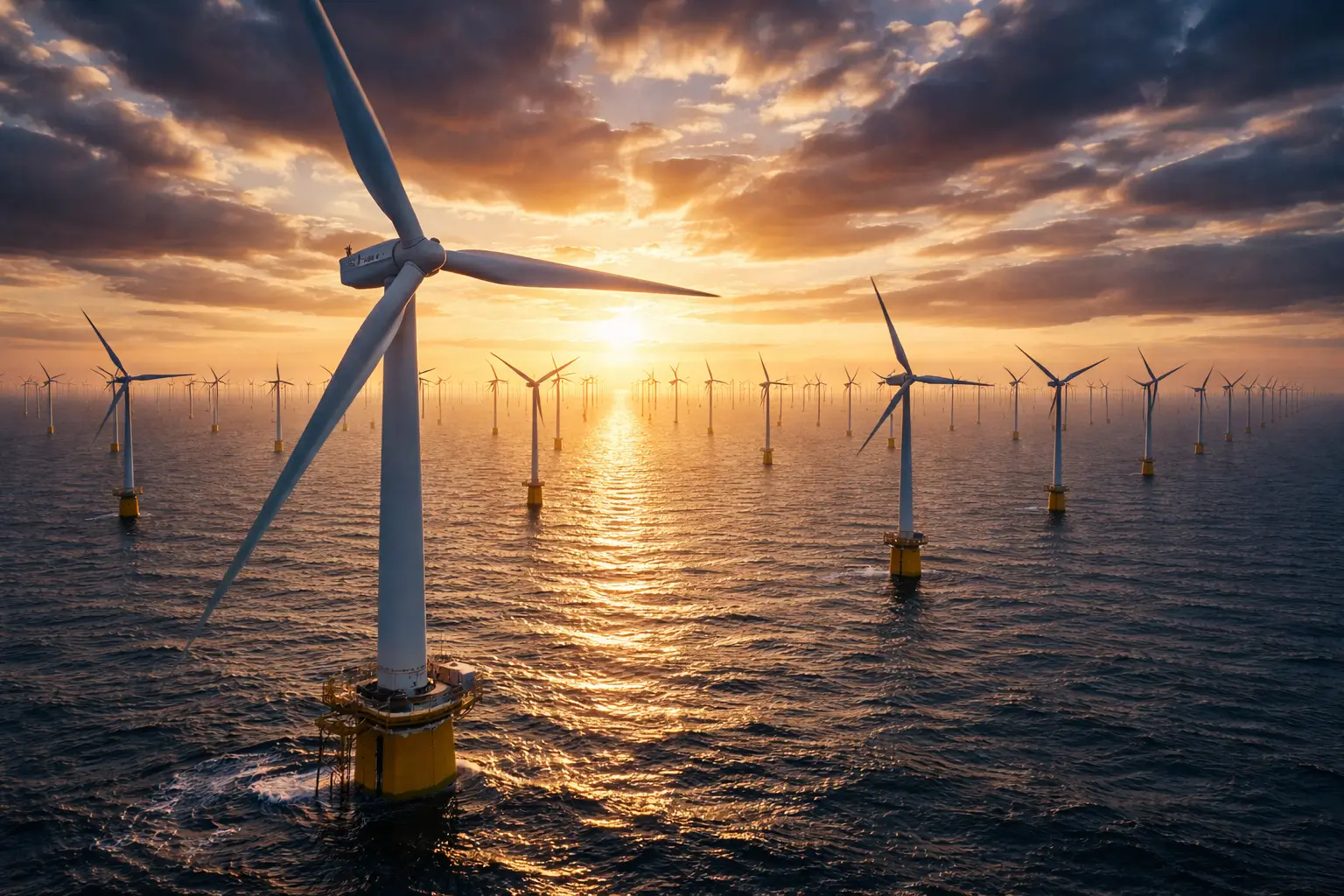 Massive offshore wind turbines in the North Sea representing Europe’s Green Deal strategy and the new EU energy partnership for 100GW renewable power