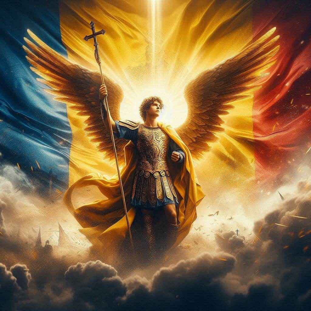 Sfântul Mihail Arhanghelul în fața drapelului României, simbol al luptei spirituale dintre Bine și rău