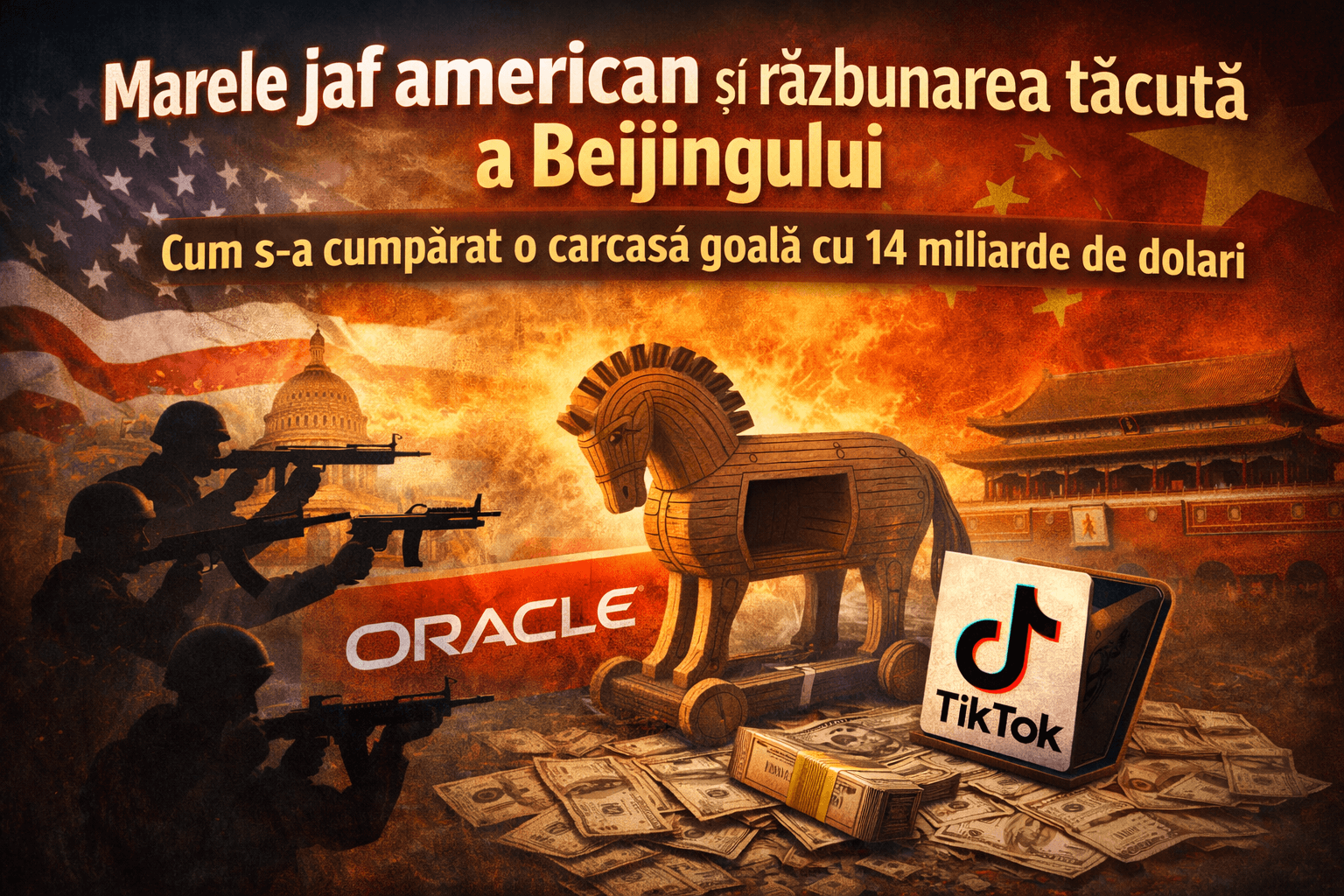 Grafică editorială despre tranzacția TikTok SUA, rivalitatea economică SUA–China și disputa privind algoritmul platformei