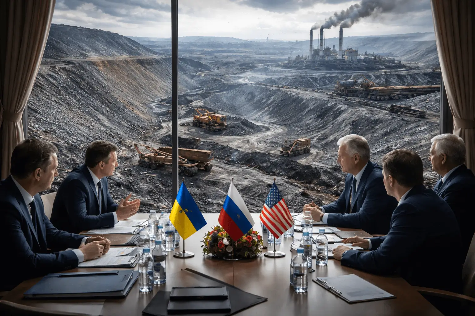 Diplomați la masa negocierilor de pace privind Ucraina, cu peisaj industrial minier din Donbas ilustrând miza resurselor strategice