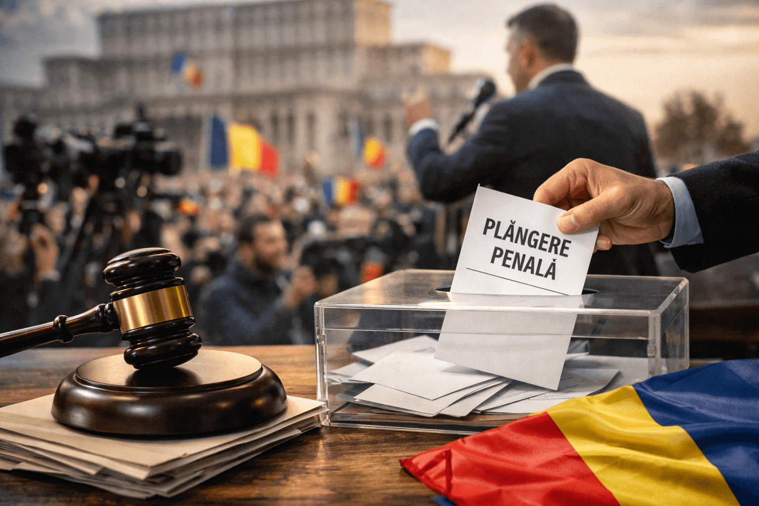 Imagine simbolică despre inițiative civice, plângeri penale și implicarea politică în România, cu urnă de vot, ciocan de judecător și mulțime în fața Parlamentului