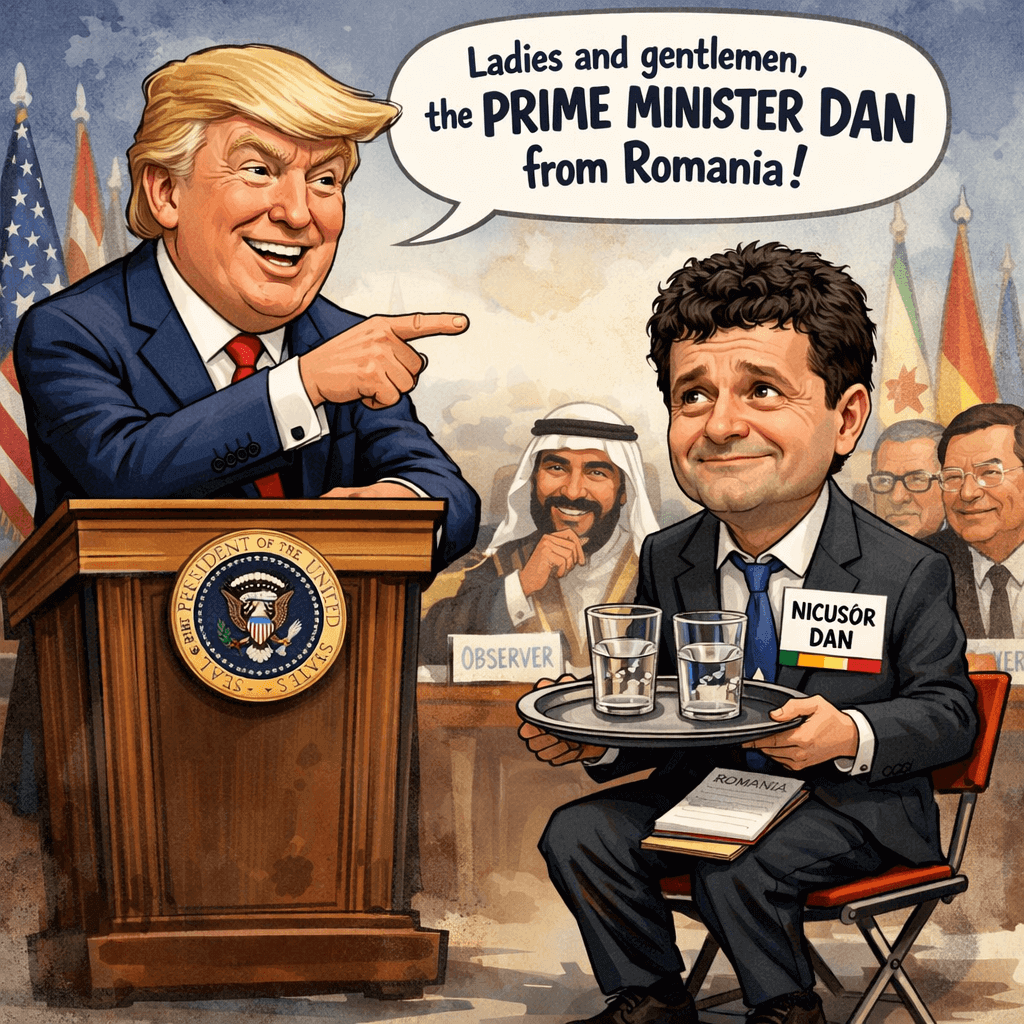 Satirical illustration showing Donald Trump presenting Nicușor Dan at the Board of Peace meeting, highlighting the diplomatic confusion over Romania’s leadership role.