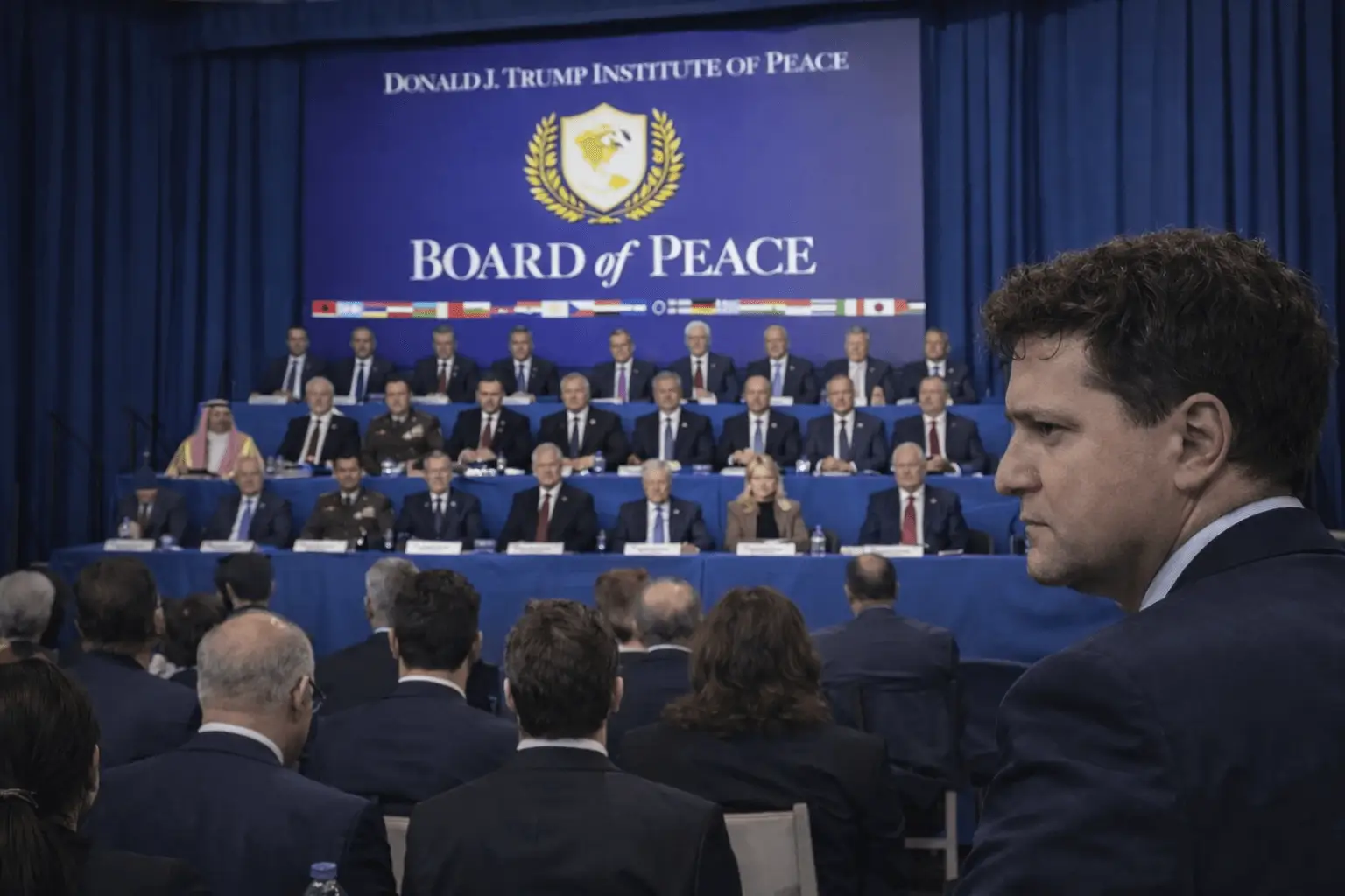 Nicușor Dan în prim-plan la reuniunea Board of Peace, cu liderii internaționali așezați pe tribuna oficială pe trei niveluri