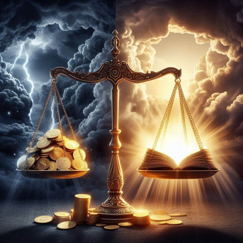 justiția reprezentată simbolic printr-o balanță dezechilibrată între bani și lege