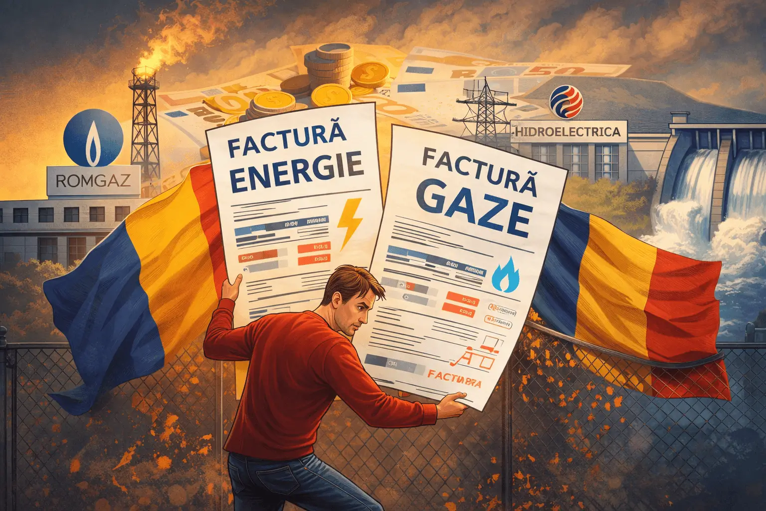Facturi la gaze și energie în România, ilustrate printr-un consumator care ține facturi mari în fața infrastructurii energetice