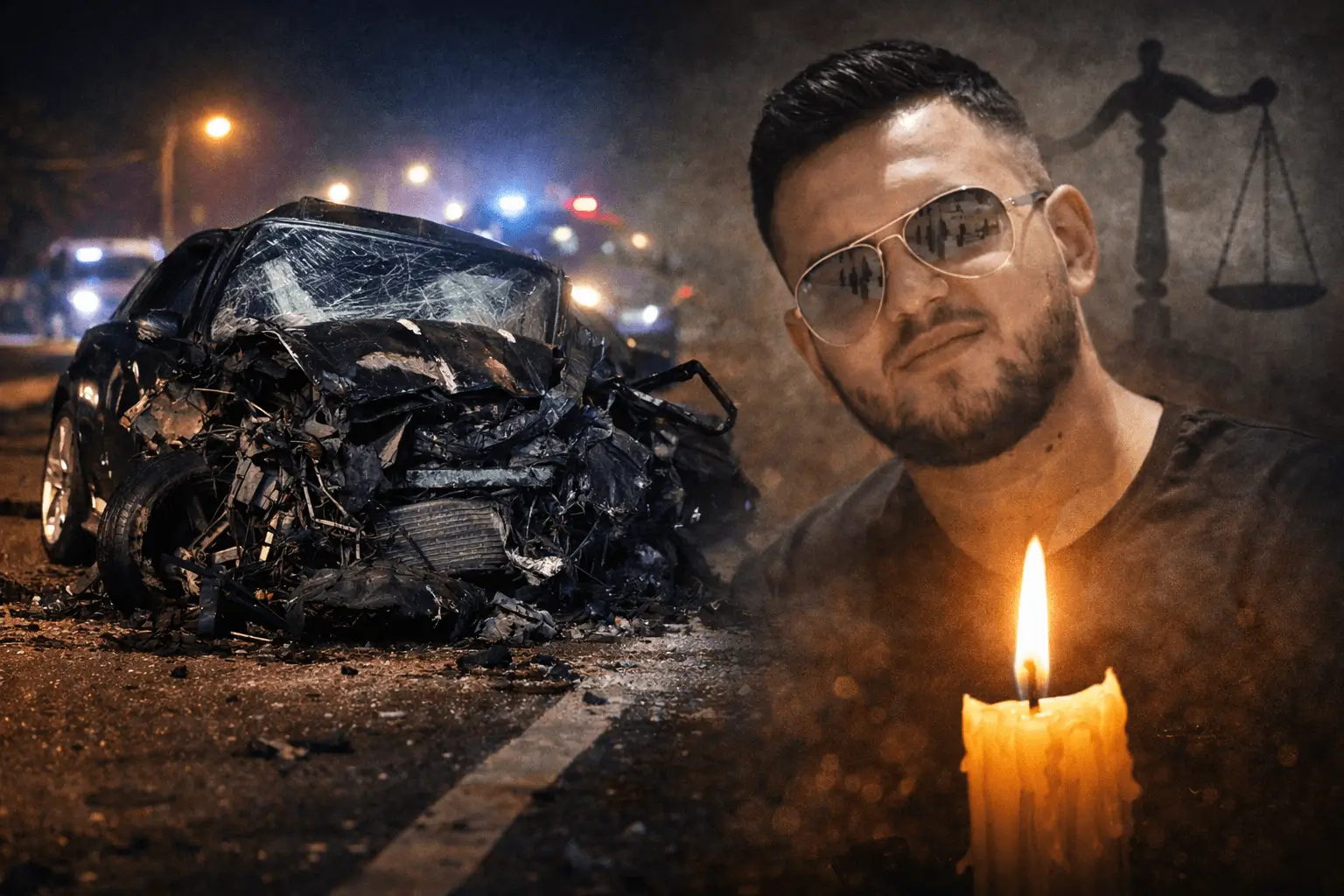 Daniel Vicol, victima accidentului provocat de Mario Iorgulescu, imagine simbolică emoțională cu lumânare și scenă de accident