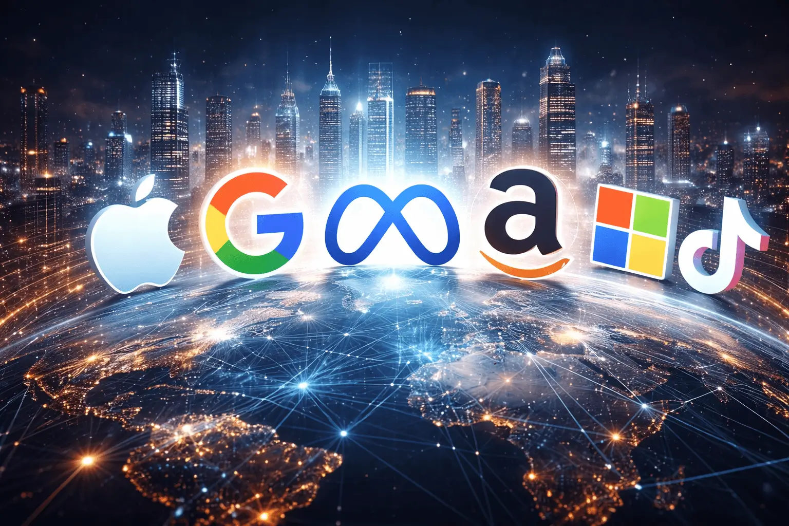 Giganții tehnologici globali reprezentați prin simboluri digitale pe glob, ilustrând influența lor asupra economiei și informației