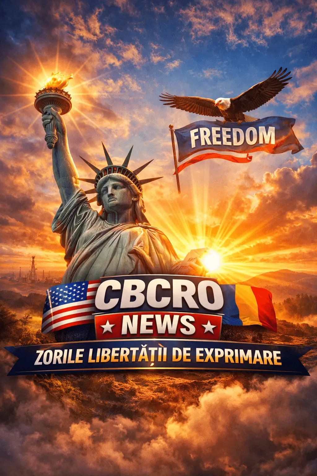 Statuia Libertății la răsărit simbolizând libertatea de exprimare, banner Freedom și logo #CBCRONews – ilustrație editorială despre Freedom.gov și libertatea digitală.