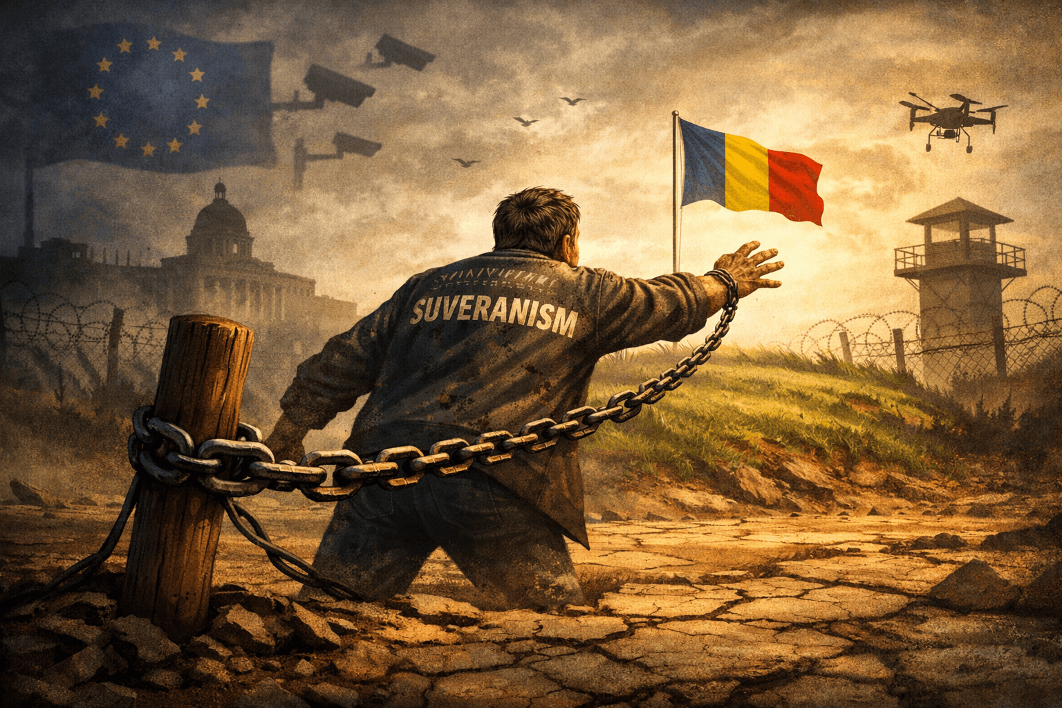Ilustrație simbolică despre suveranism și iluzia libertății politice, cu un om legat în lanțuri care încearcă să ajungă la steagul României