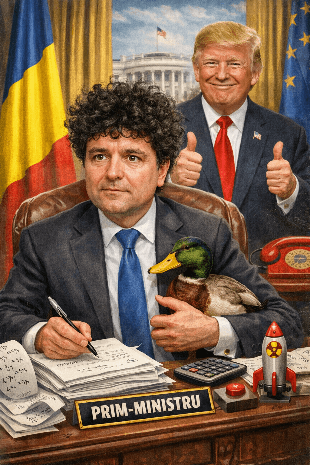 Ilustrație satirică cu Nicușor Dan ținând o rață la birou, într-un context politic absurd inspirat de poezia „Cățeluș cu părul creț”.